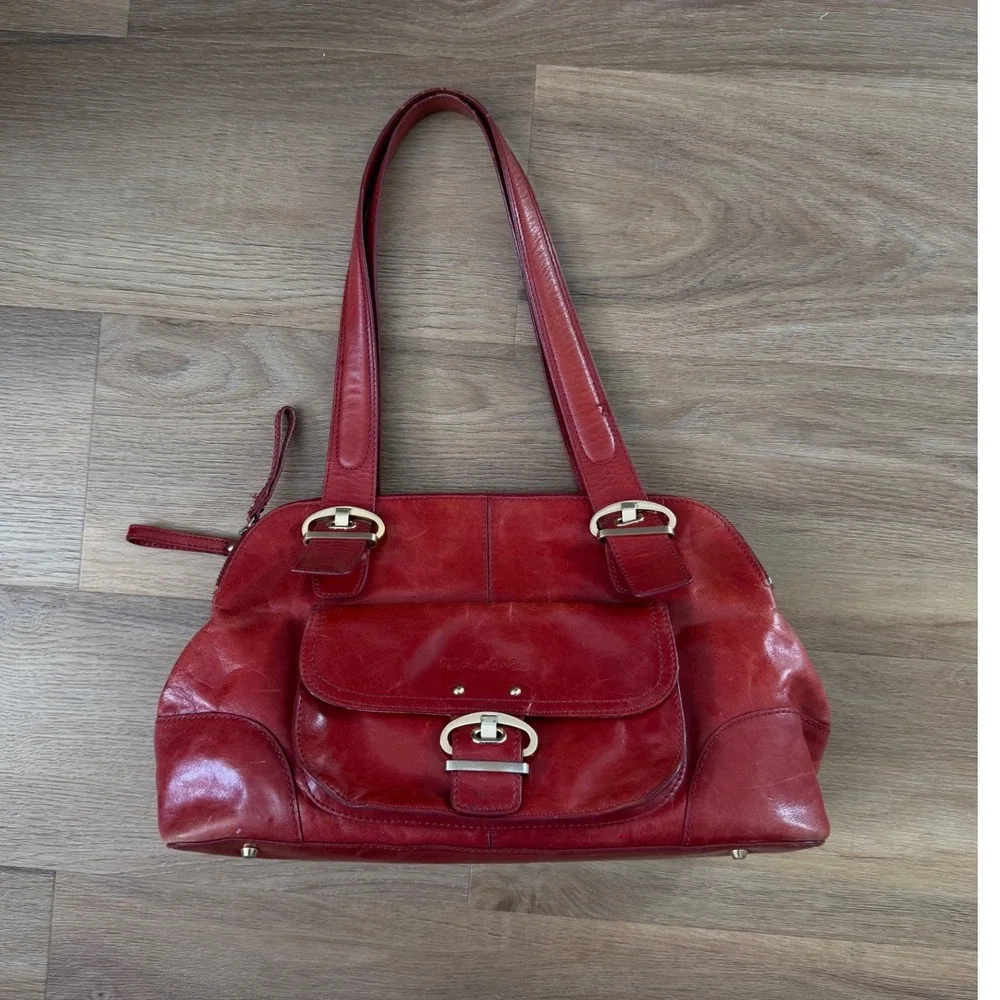 Kate Landry Vintage Y2K Red Leather Shoulder Bag Buckle Pocket Tote Handbag hobo
